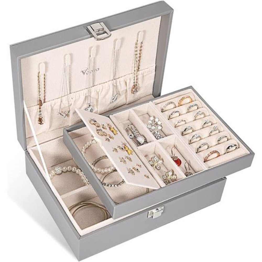 Jewelry Box Organizer for Women Girls, 2 Layer Large Men Storage Case,PU Leather